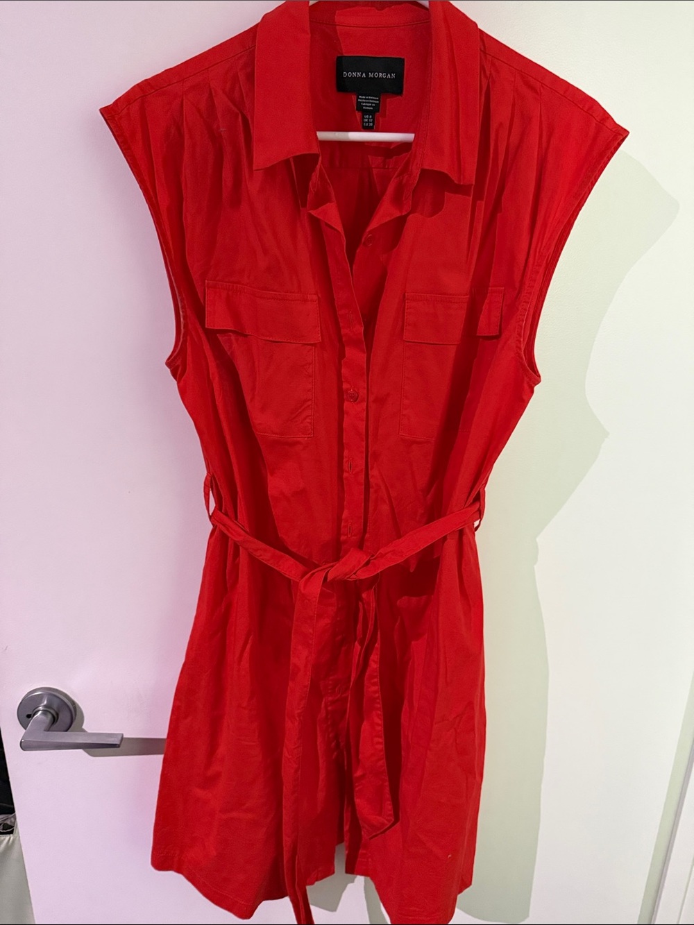 Sleeveless Red Shirt Dress with Waist Tie